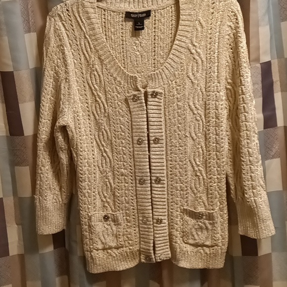 FINAL PRICE WHITE HOUSE BLACK MARKET tan/taupe braided sweater w shimmers Lrg - Picture 3 of 13